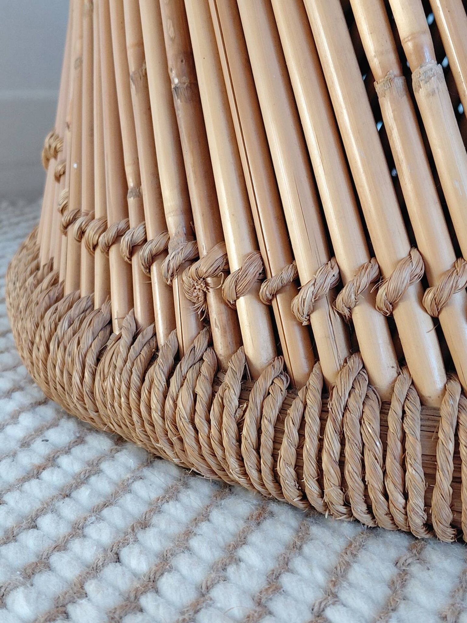 Vintage coffee table with woven rope in bamboo style Audoux Minet/1970s