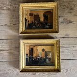 Pair of paintings, animated family scenes, oils on canvas, early 19th century