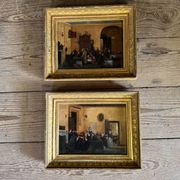 Pair of paintings, animated family scenes, oils on canvas, early 19th century