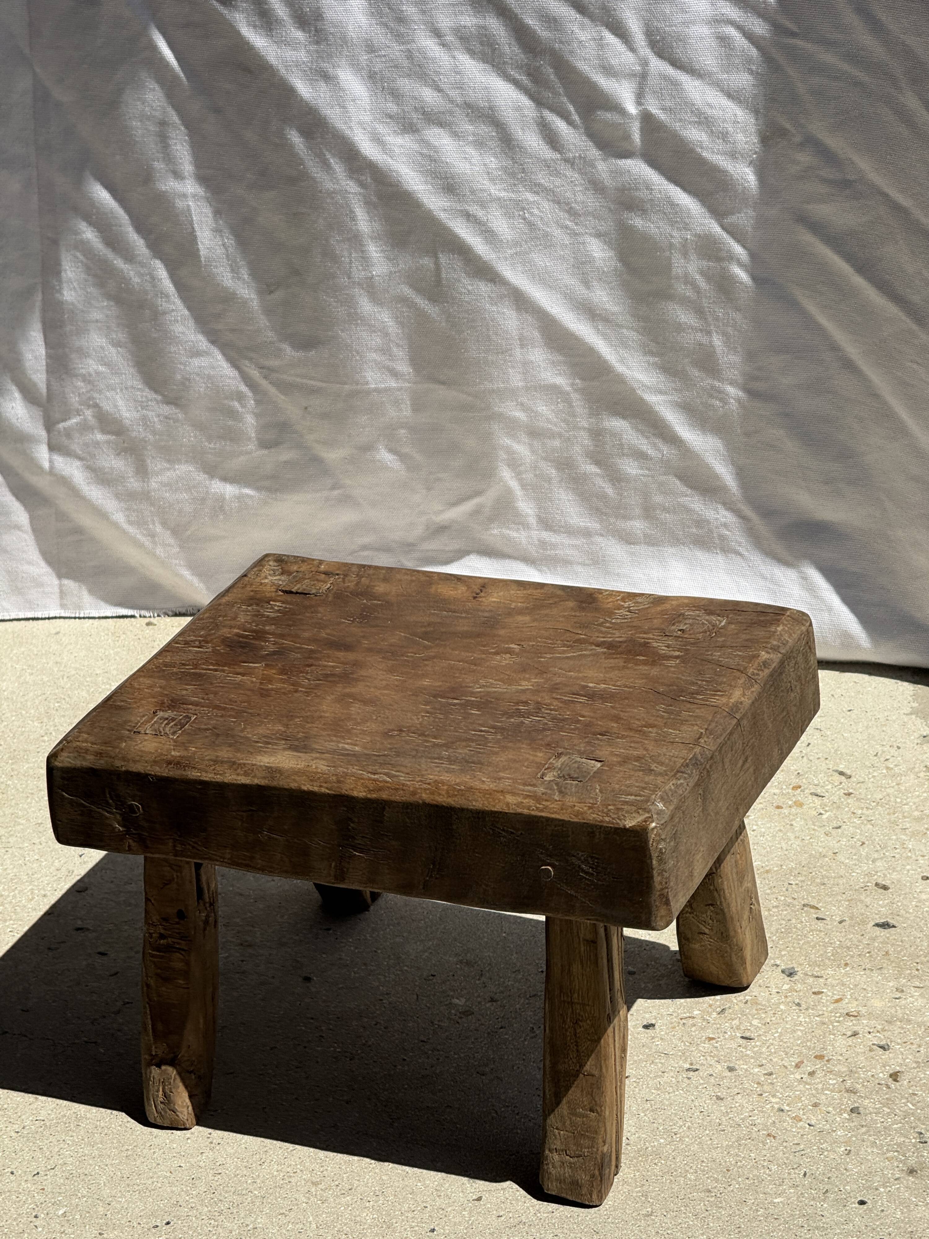 Small stool, rectangular accent stool in solid teak wabi-sabi H26