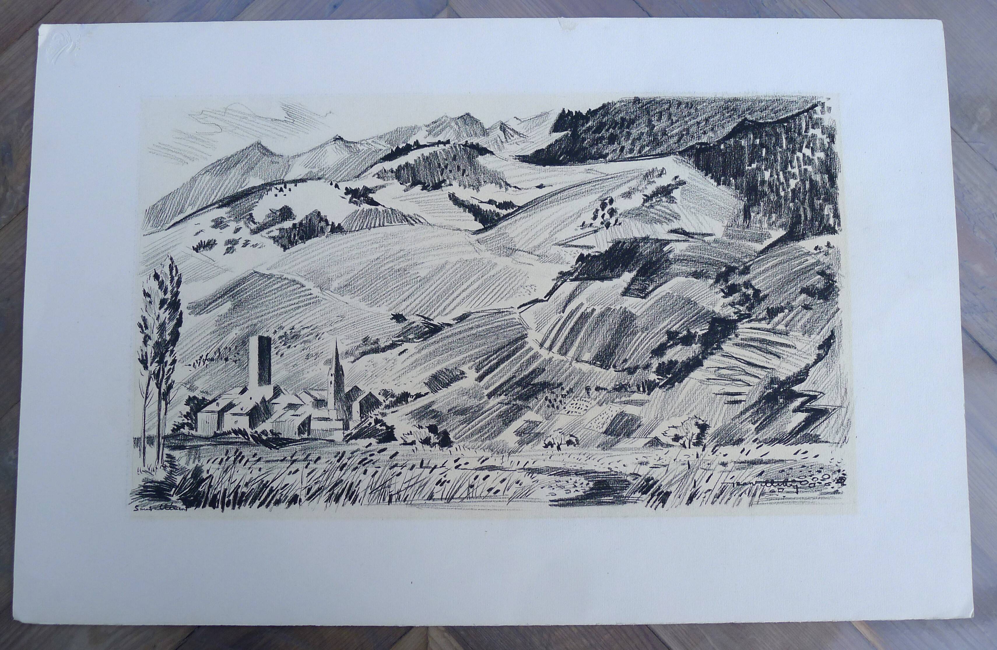 Large original black chalk drawing by Jean Villette (1913-2005)