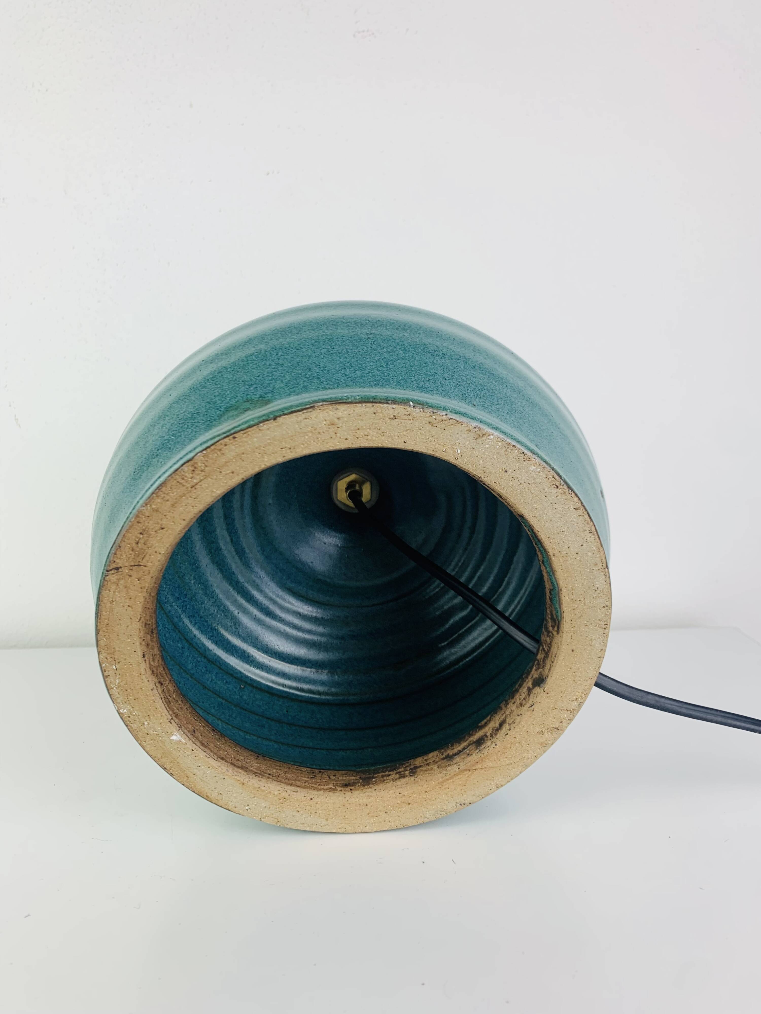 Ceramic green/blue globe lamp, rattan shade, vintage
