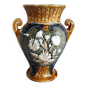 Vase vintage en barbotine au décor floral