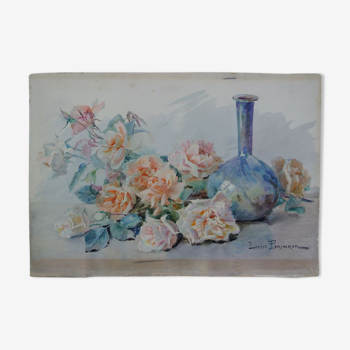 Aquarelle ancienne roses au vase bleu signée