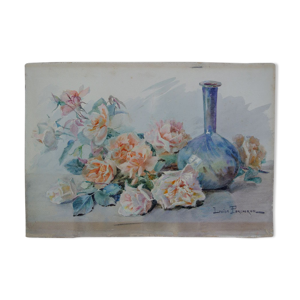 Aquarelle ancienne roses au vase