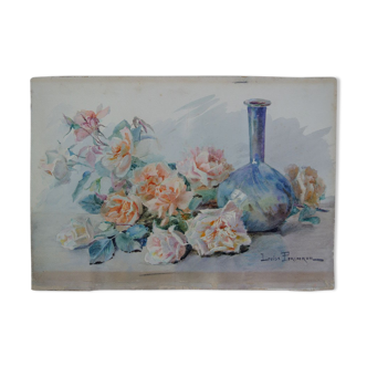 Aquarelle ancienne roses au vase bleu signée