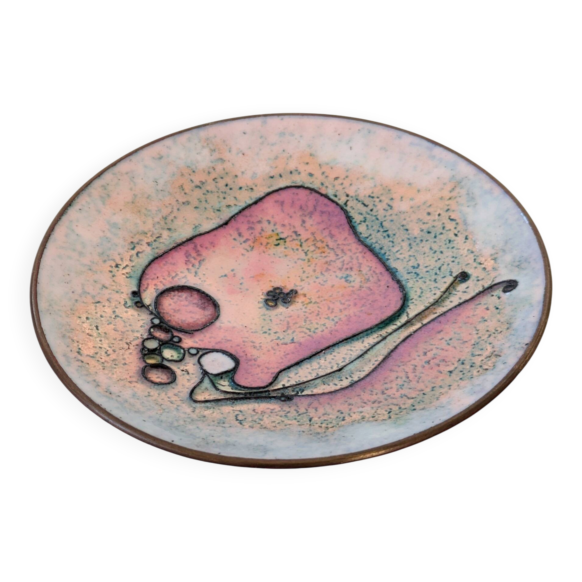 Enamelled copper bowl in pink and purple, abstract design from the 1960s.