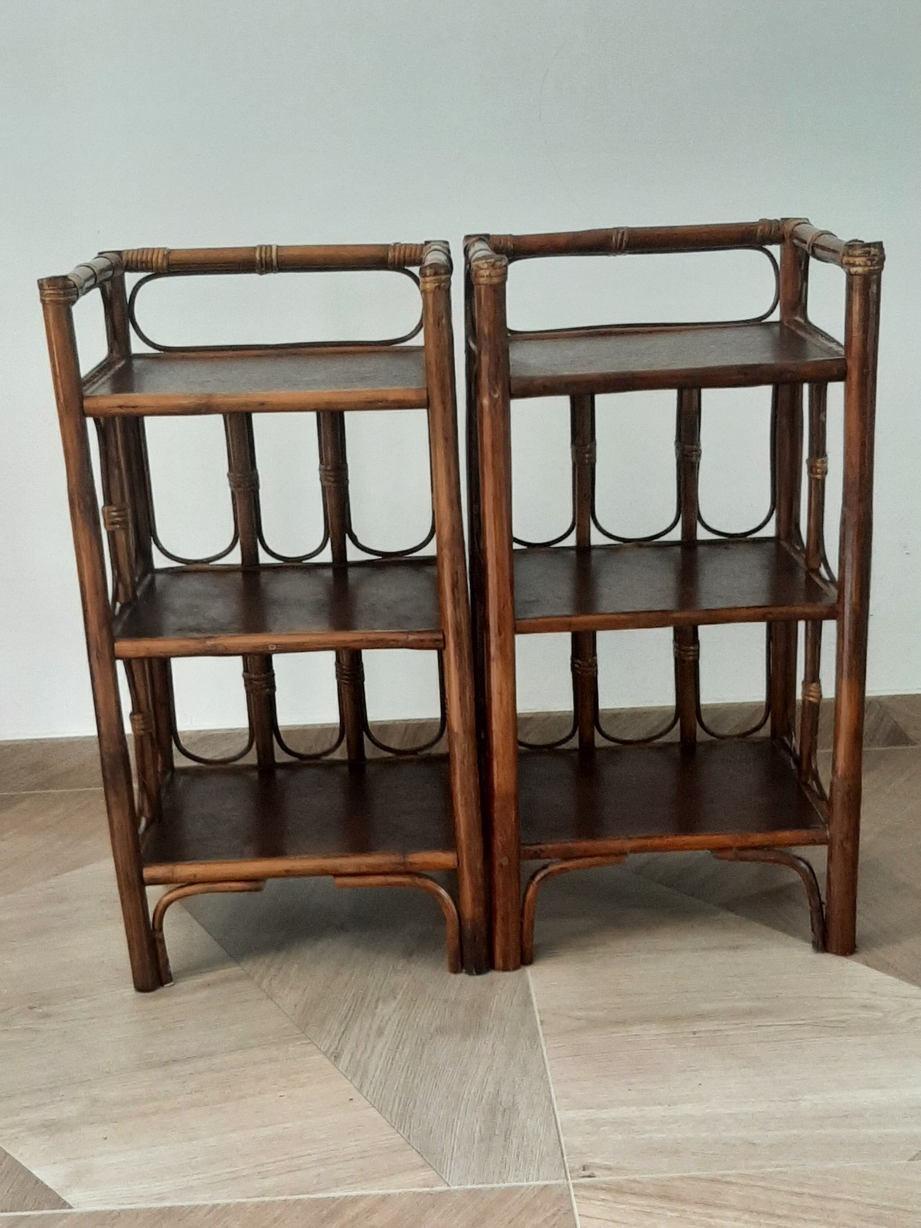 Vintage - set of 2 shelves of wooden floor, bamboo and rattan - 3 levels- retro 80s