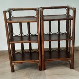 Vintage - set of 2 shelves of wooden floor, bamboo and rattan - 3 levels- retro 80s