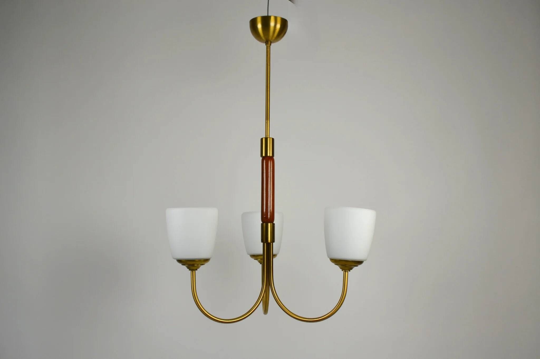 Scandinavian Modern Three-Light Pendant in Brass, Teak and Opaline Glass, 1960s
