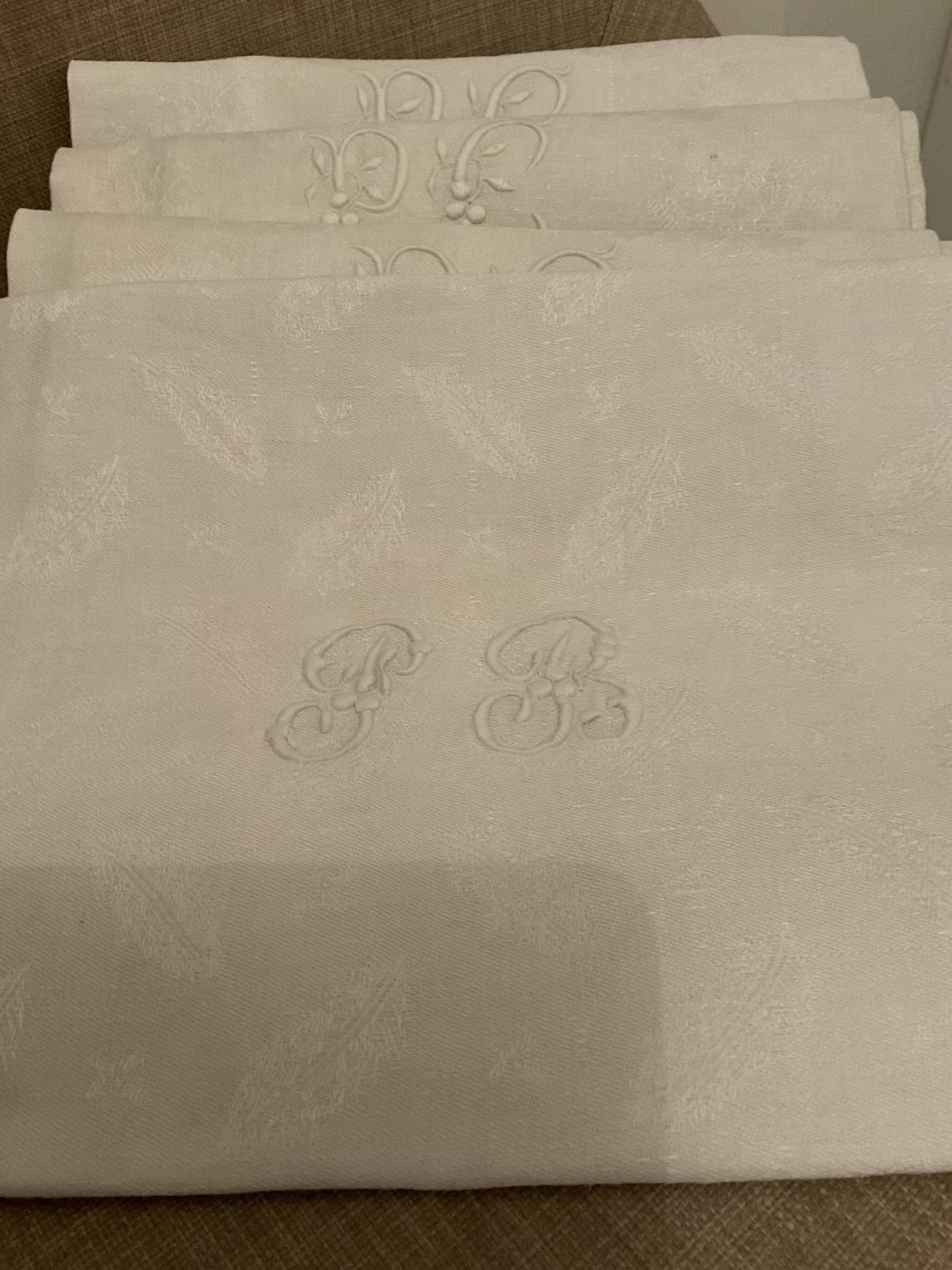 6 linen damask towels, monogram pc/pf/pb