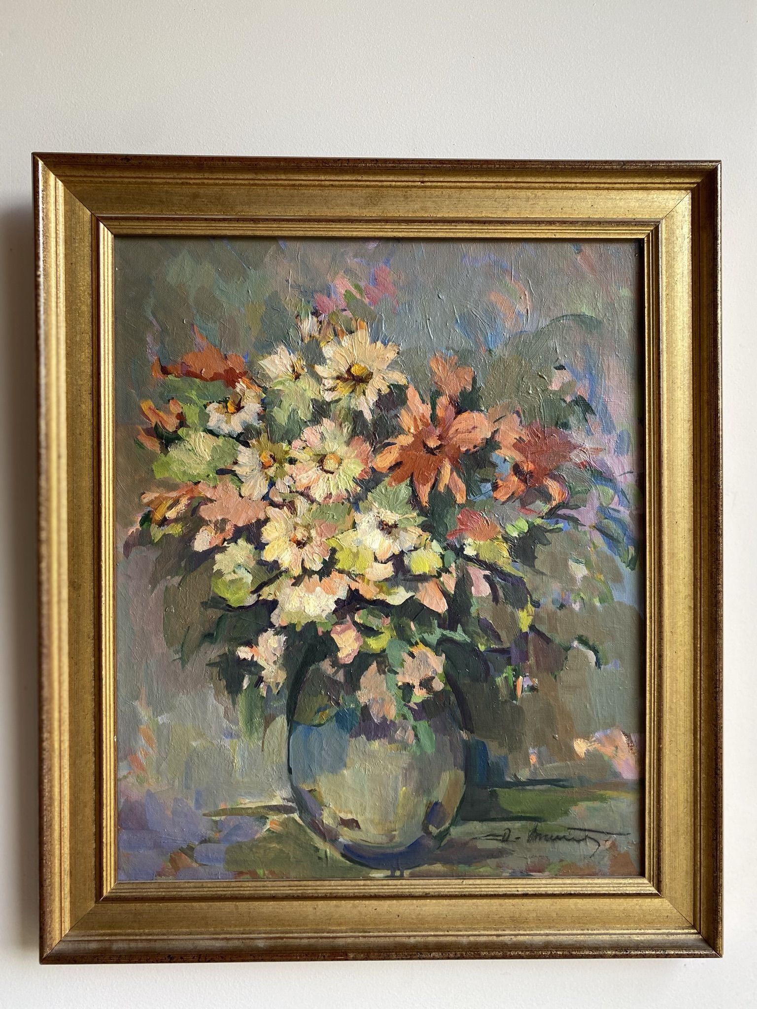 Antique painting, Still life with wild flowers, signed, 20th century