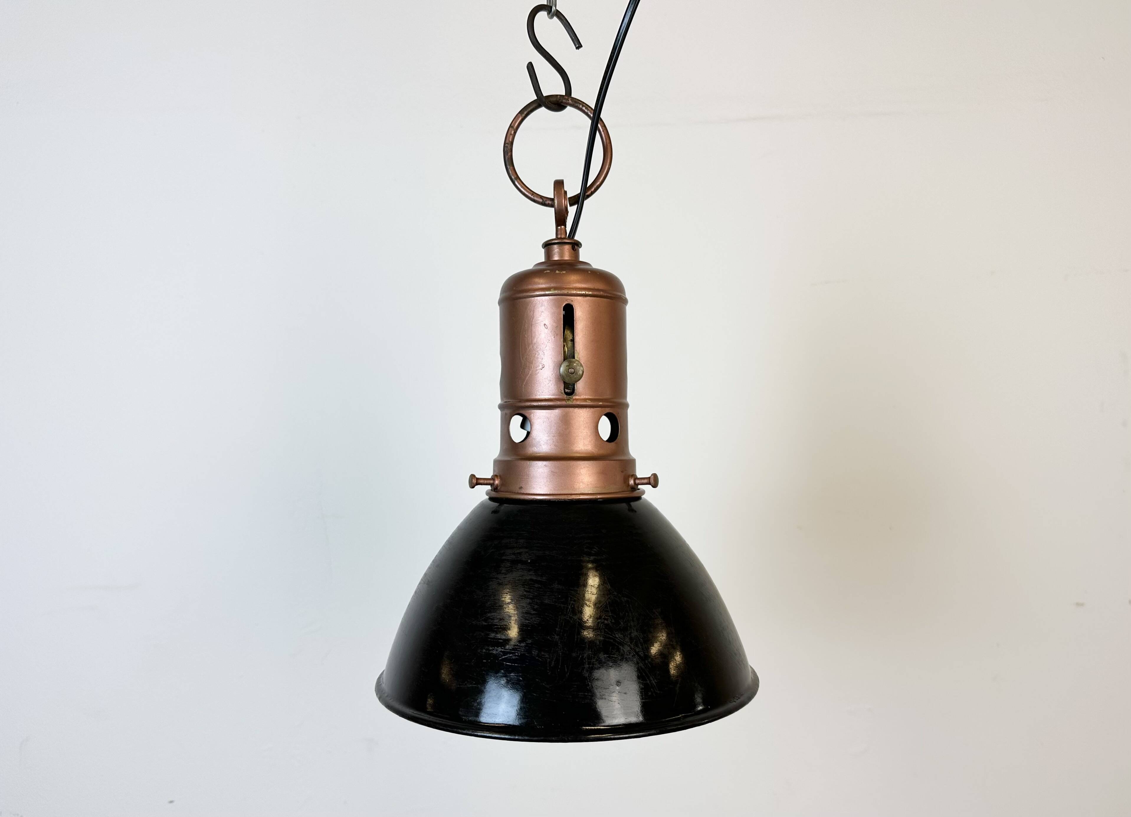 Industrial Italian Black Enamel Factory Lamp with Iron Top, 1950s