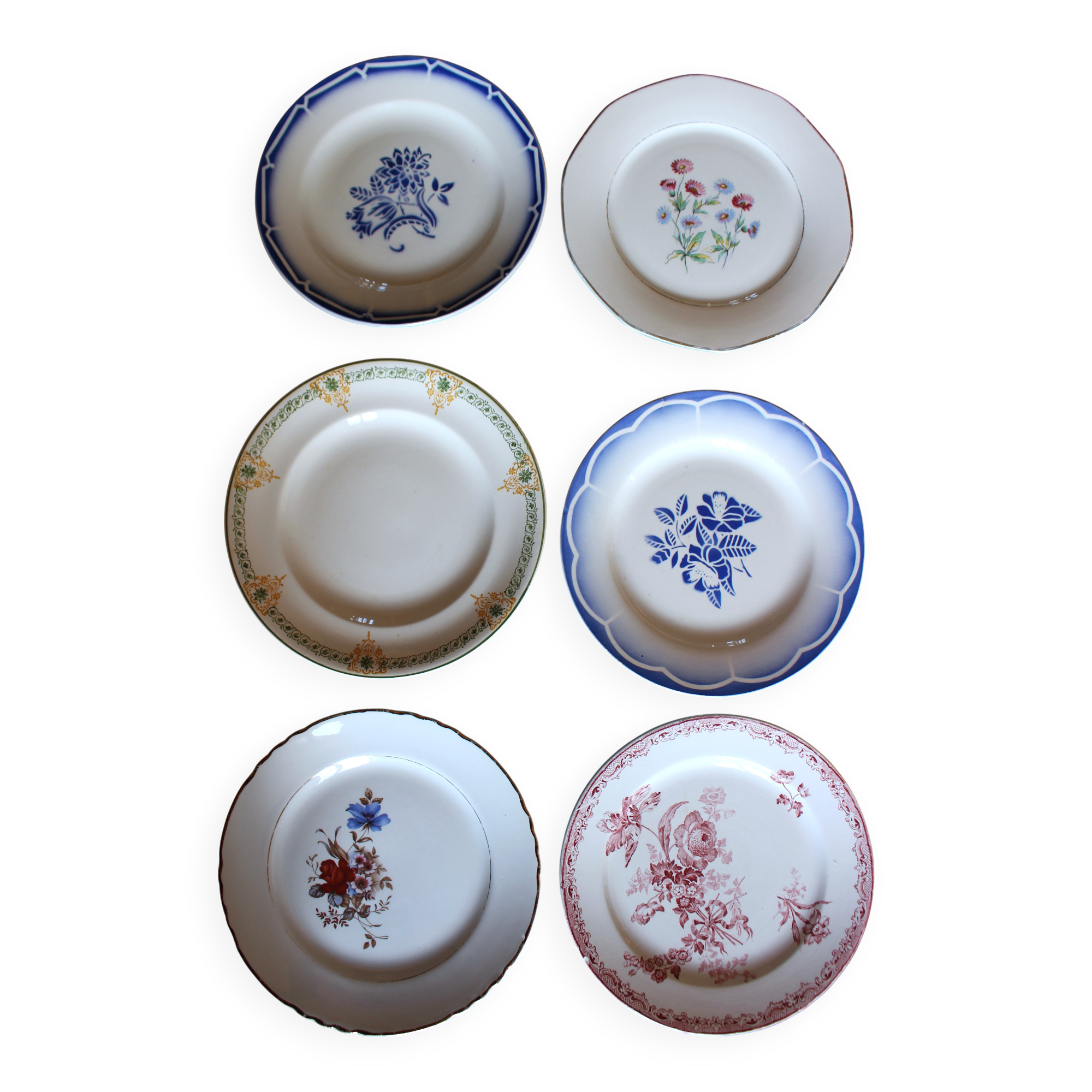 6 mismatched flat plates Fontanges Marsac Longwy Digoin