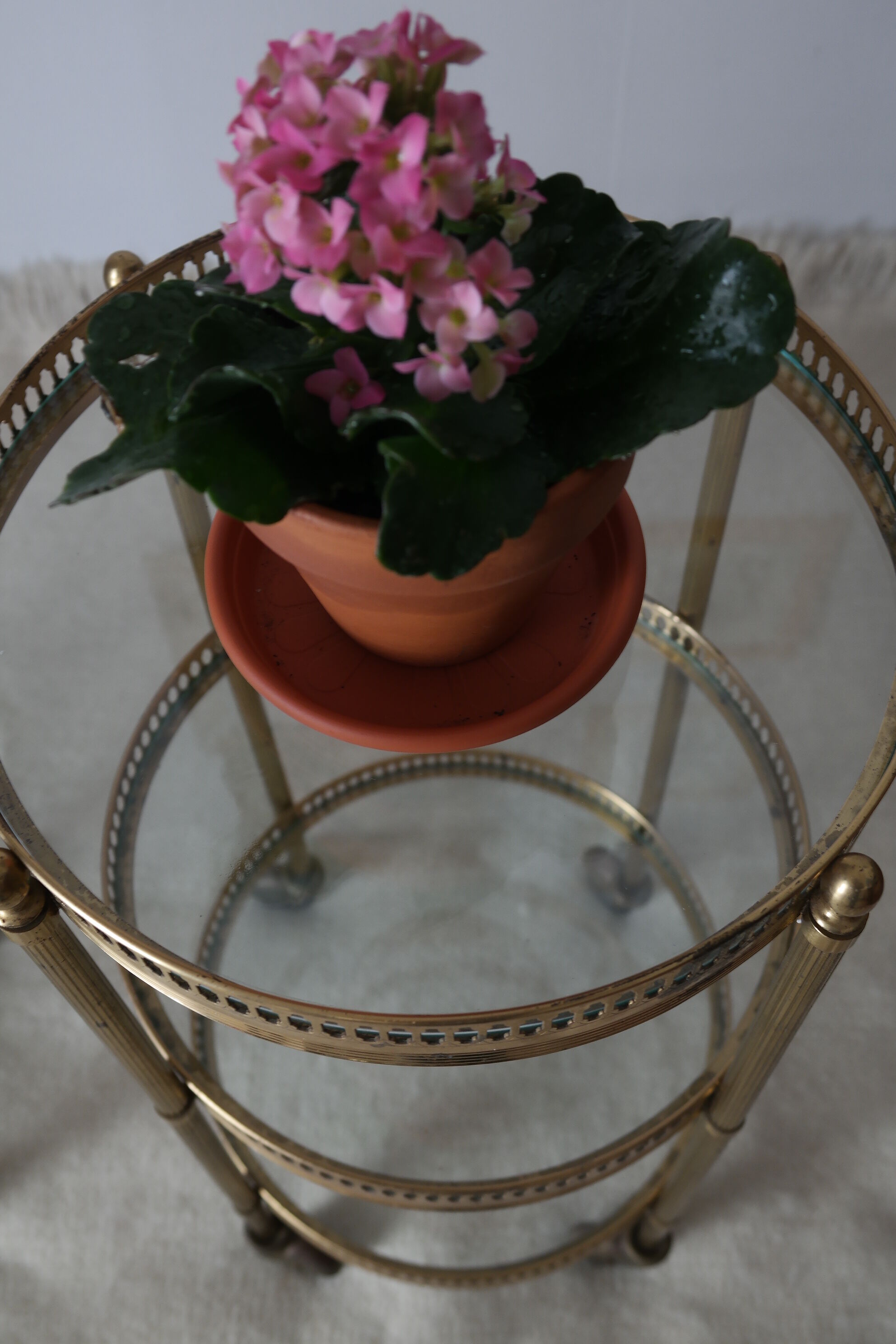 Pair of round old brass glass desserts