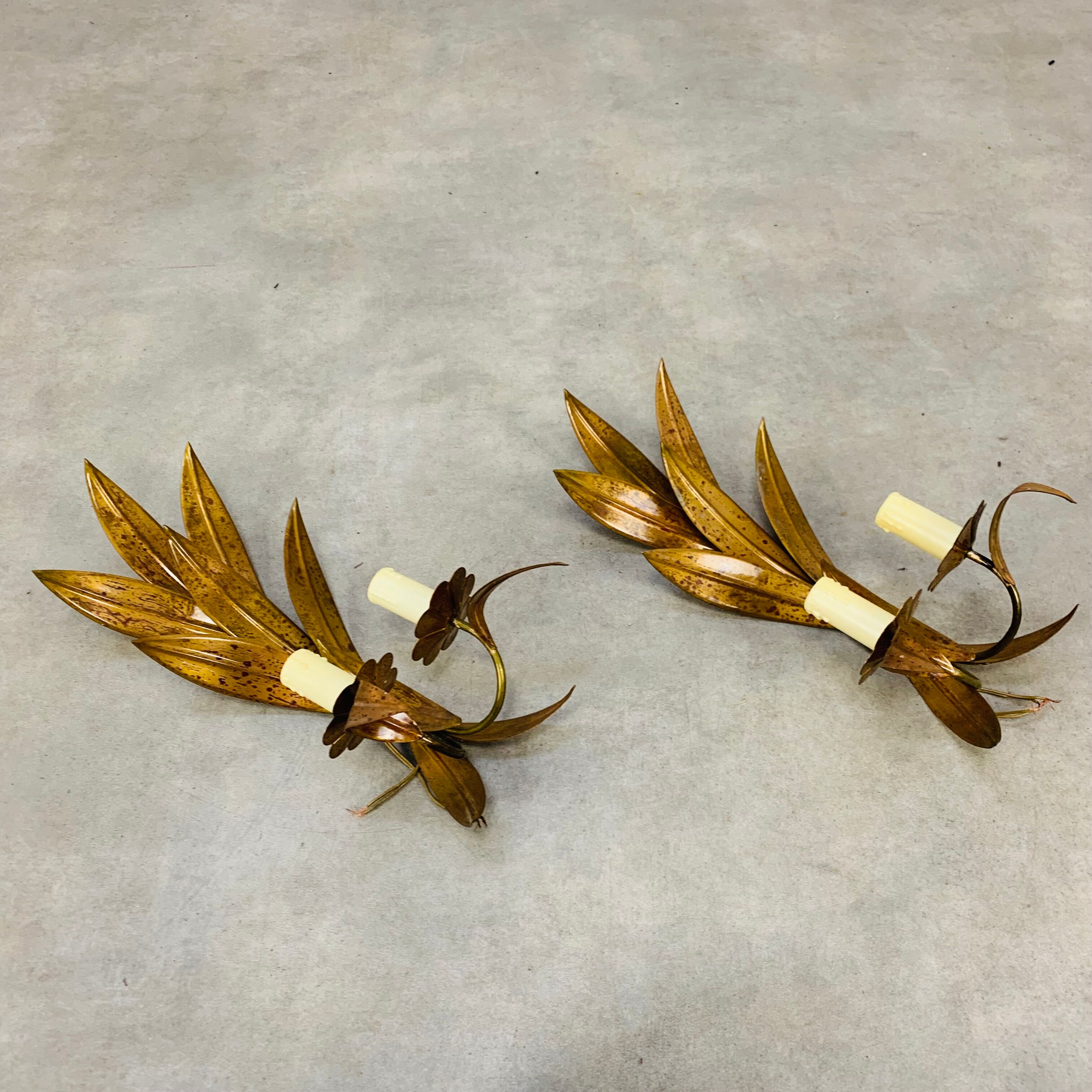 Pair of copper golden leaf sconces