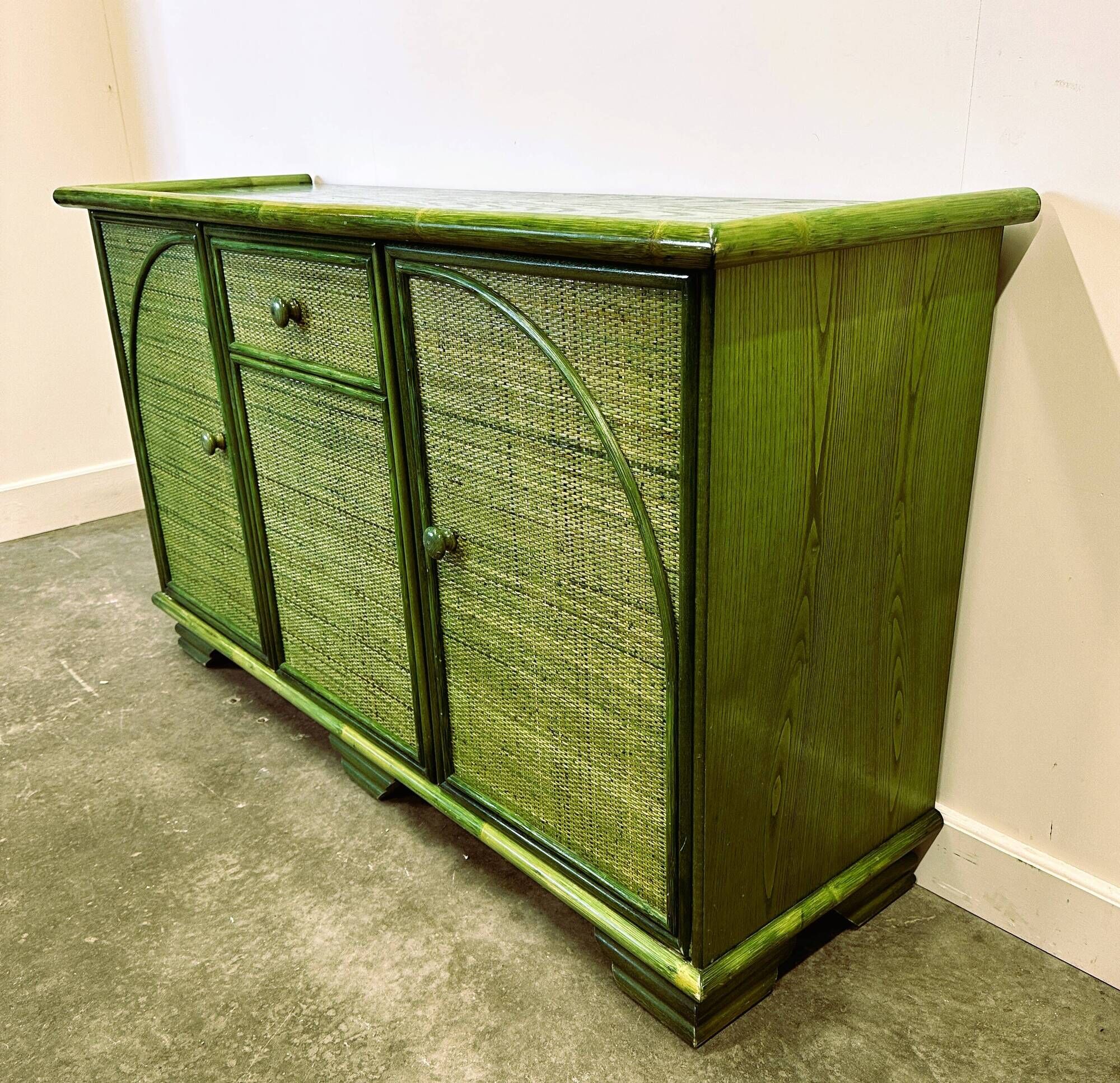 Green Vintage Rattan Sideboard By Maugrion, France, 1980s