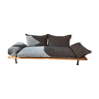 Ralph M sofa in pure feathers, seasoned and navy velvet, solid oak top