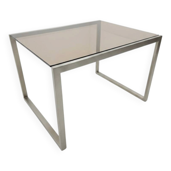 Table basse en métal brossé dessus verre fumé, années 70/80 — Beyit