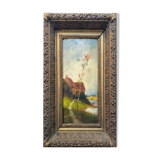 Nineteenth century painting HSP "Landscape with the river" signed + barbizon frame