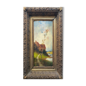 Nineteenth century painting HSP "Landscape with the river" signed + barbizon frame