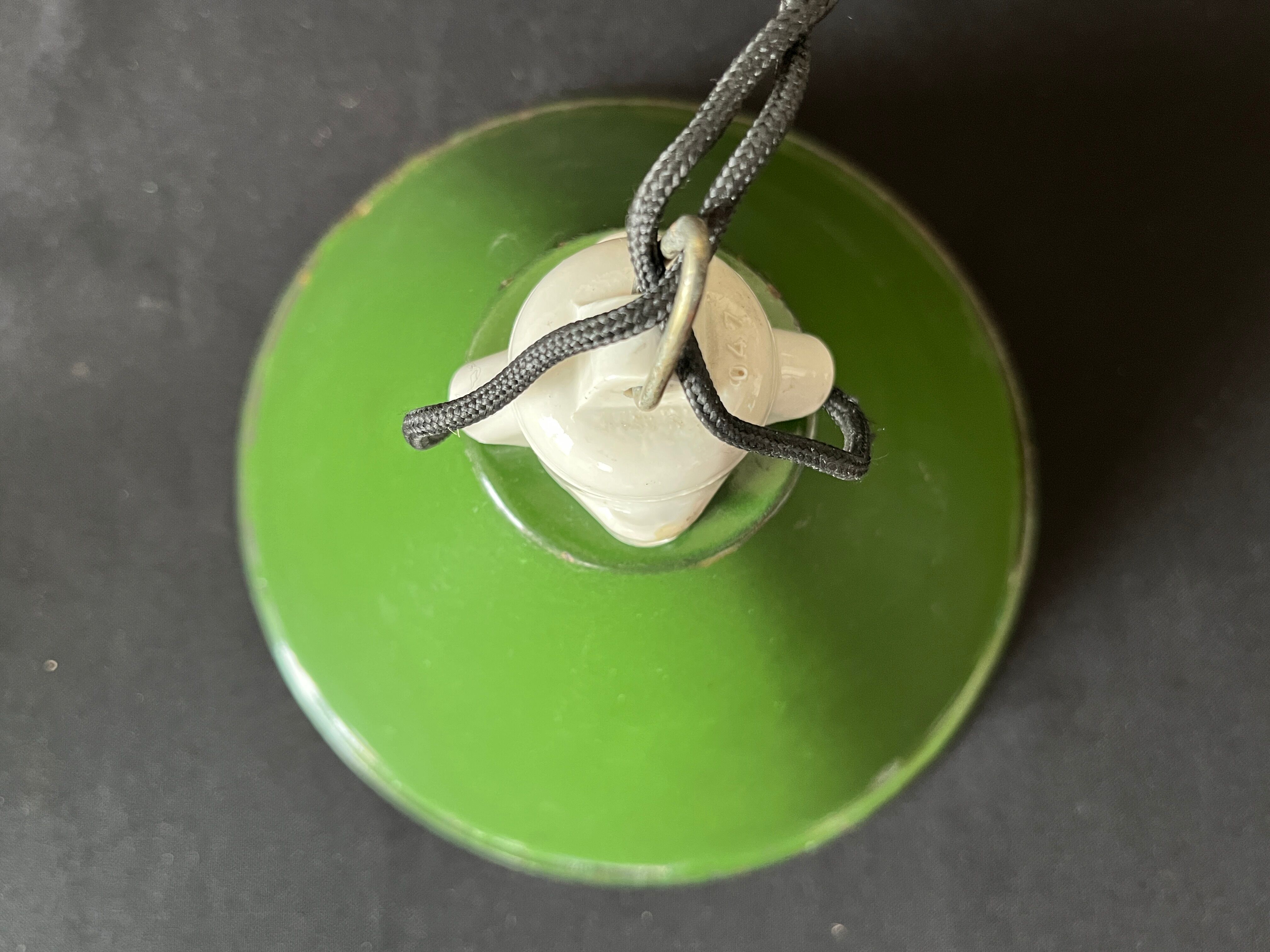 Industrial suspension conical metal green enamelled tole vintage