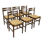 Set of 6 vintage beech chairs with woven cord.