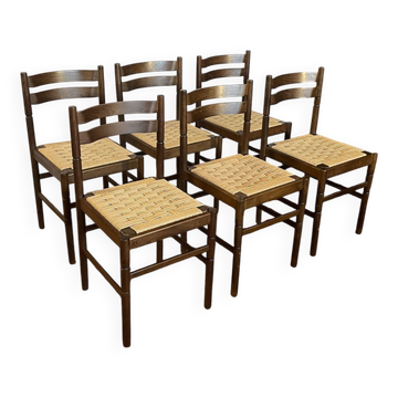 Set of 6 vintage beech chairs with woven cord.