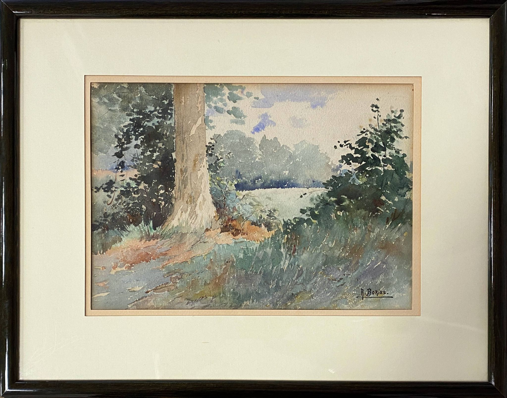 Watercolor painting A. Bories "Landscape of wooded meadow" + frame