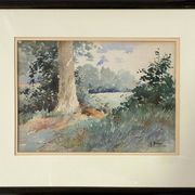 Watercolor painting A. Bories "Landscape of wooded meadow" + frame