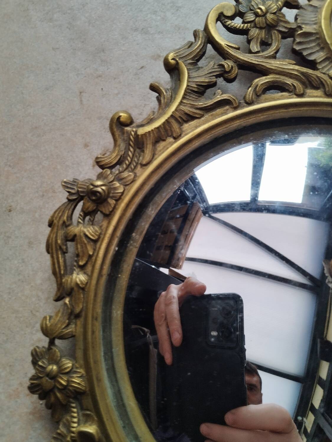 Pair of antique witch mirrors, curved glass, bronze frame