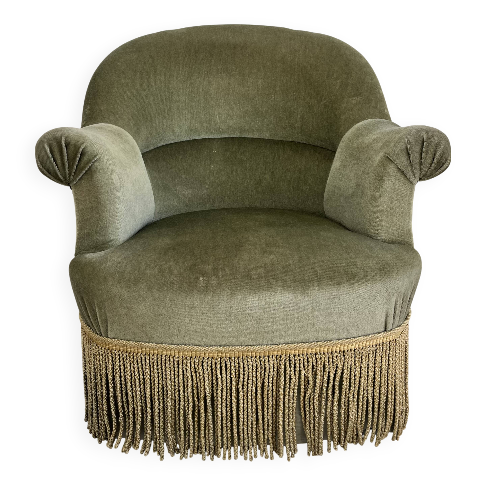 sage green toad armchairs with gold fringe