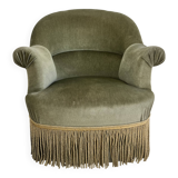 sage green toad armchairs with gold fringe
