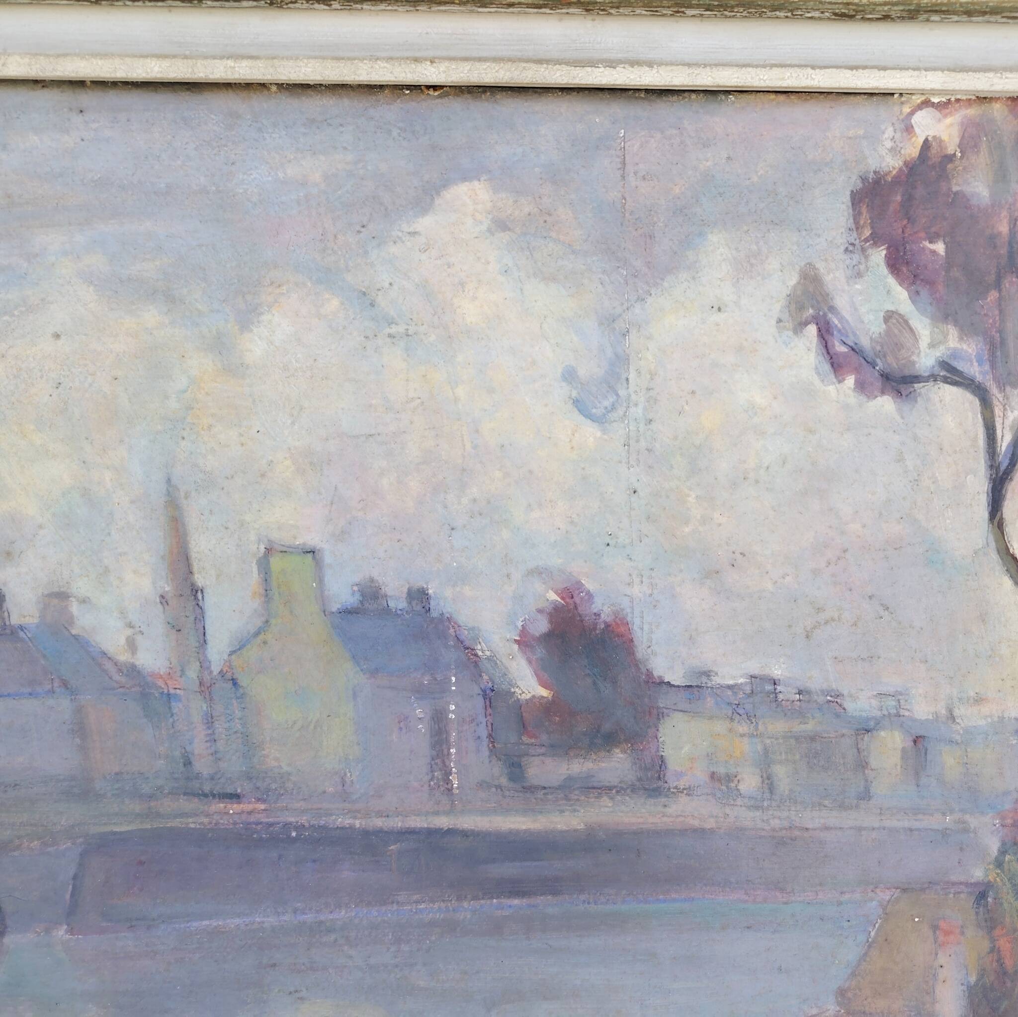 Tableau peinture gouache bord de rivière en Bretagne, vintage