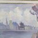 Tableau peinture gouache bord de rivière en Bretagne, vintage
