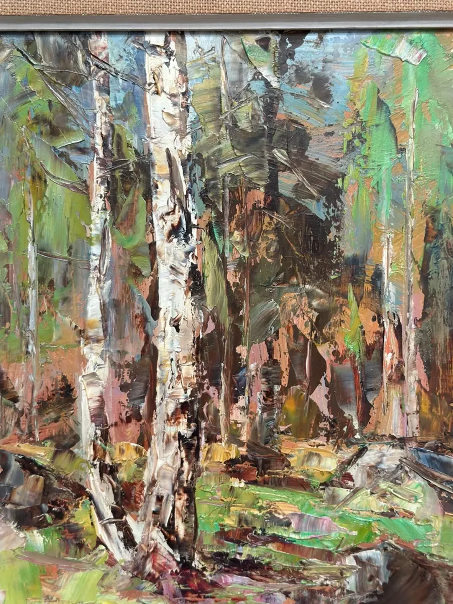Original Swedish Oil on Canvas – “Birch Forest” by John Sköld – Signed – Dated 1954 – Framed – 40 × 40 cm
