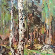 Original Swedish Oil on Canvas – “Birch Forest” by John Sköld – Signed – Dated 1954 – Framed – 40 × 40 cm