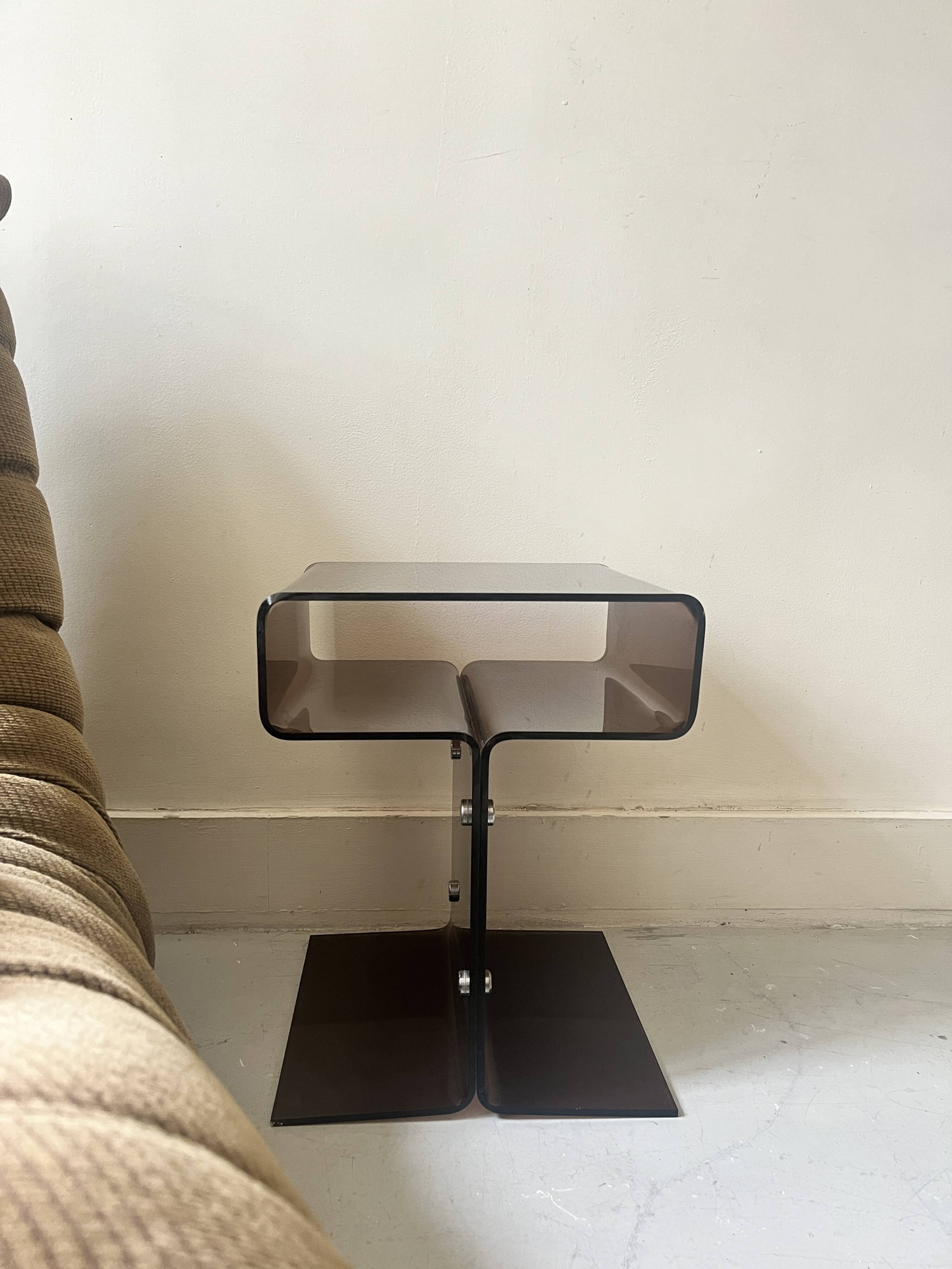 Smoked plexiglass side table/bedside table, M. Dumas for Roche Bobois 1970