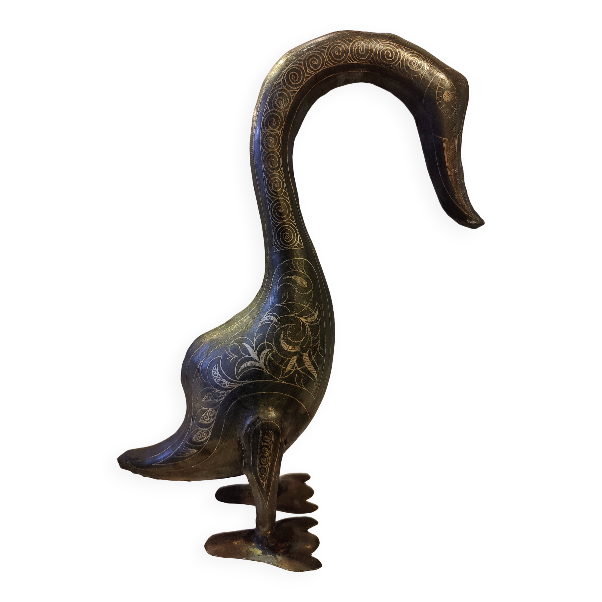 Damascened metal bird sculpture