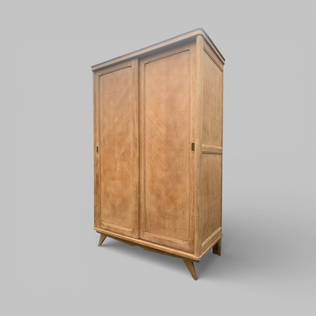 Vintage wardrobe with compass legs in raw wood, sliding doors, 1960s