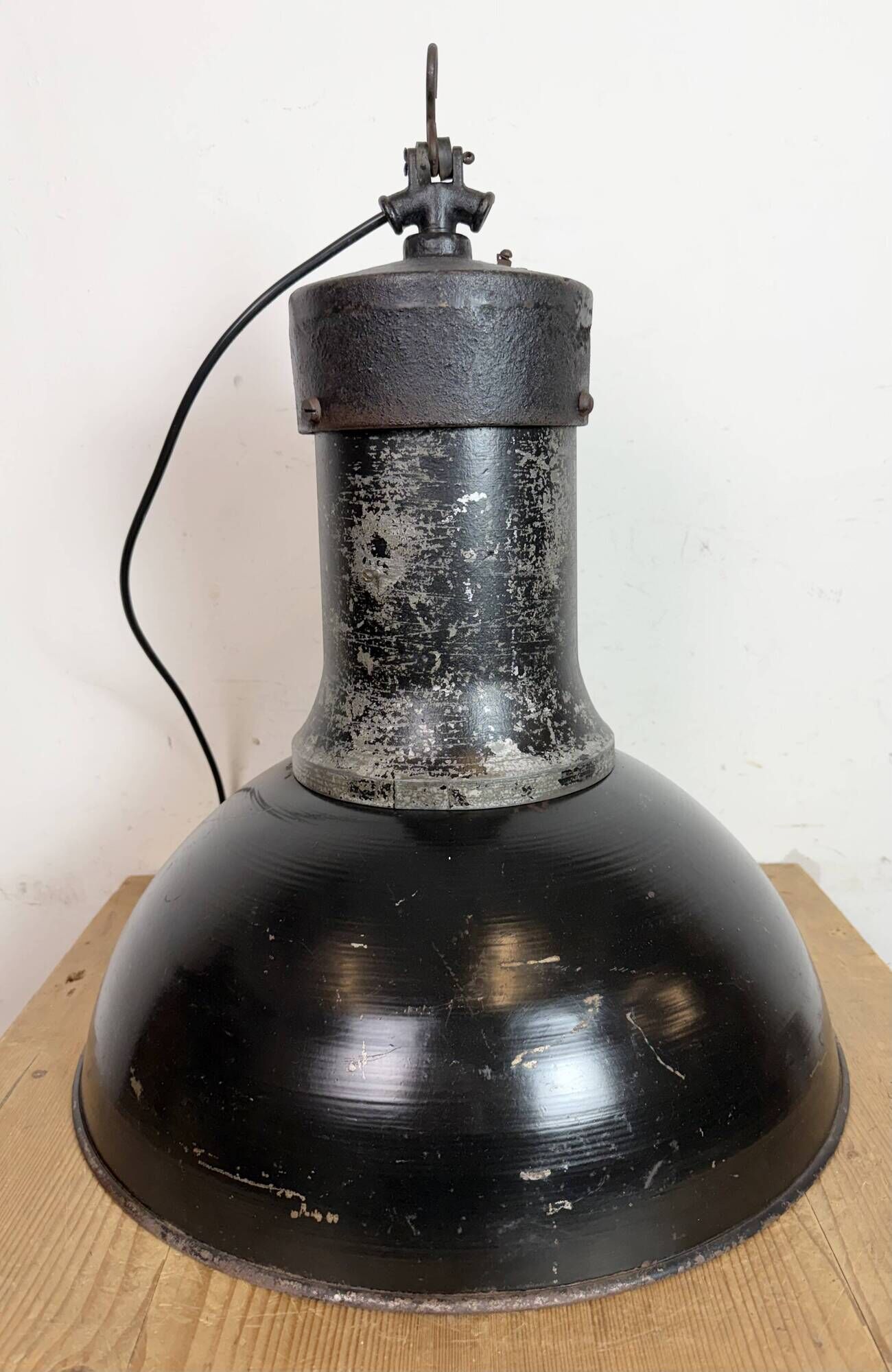 Large Industrial Factory Black Pendant Lamp with Cast Iron Top, 1950s