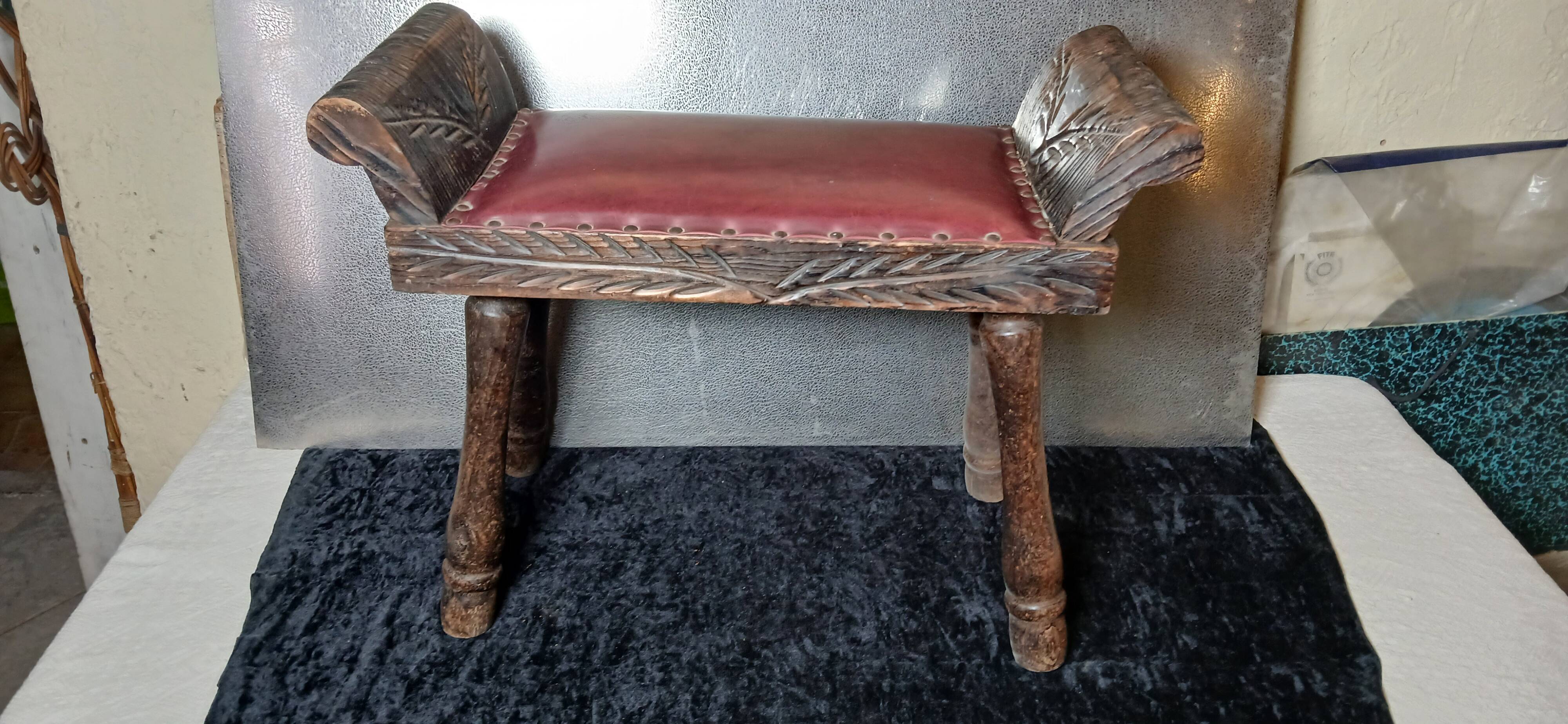 Carved wood and faux leather bench or vintage spanish ottoman footstool