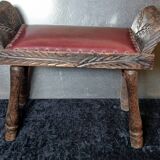 Carved wood and faux leather bench or vintage spanish ottoman footstool