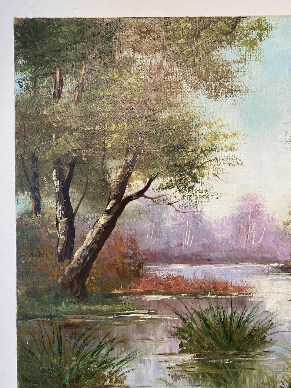 Old painting, landscape at the pond, signed Leroux, XX century