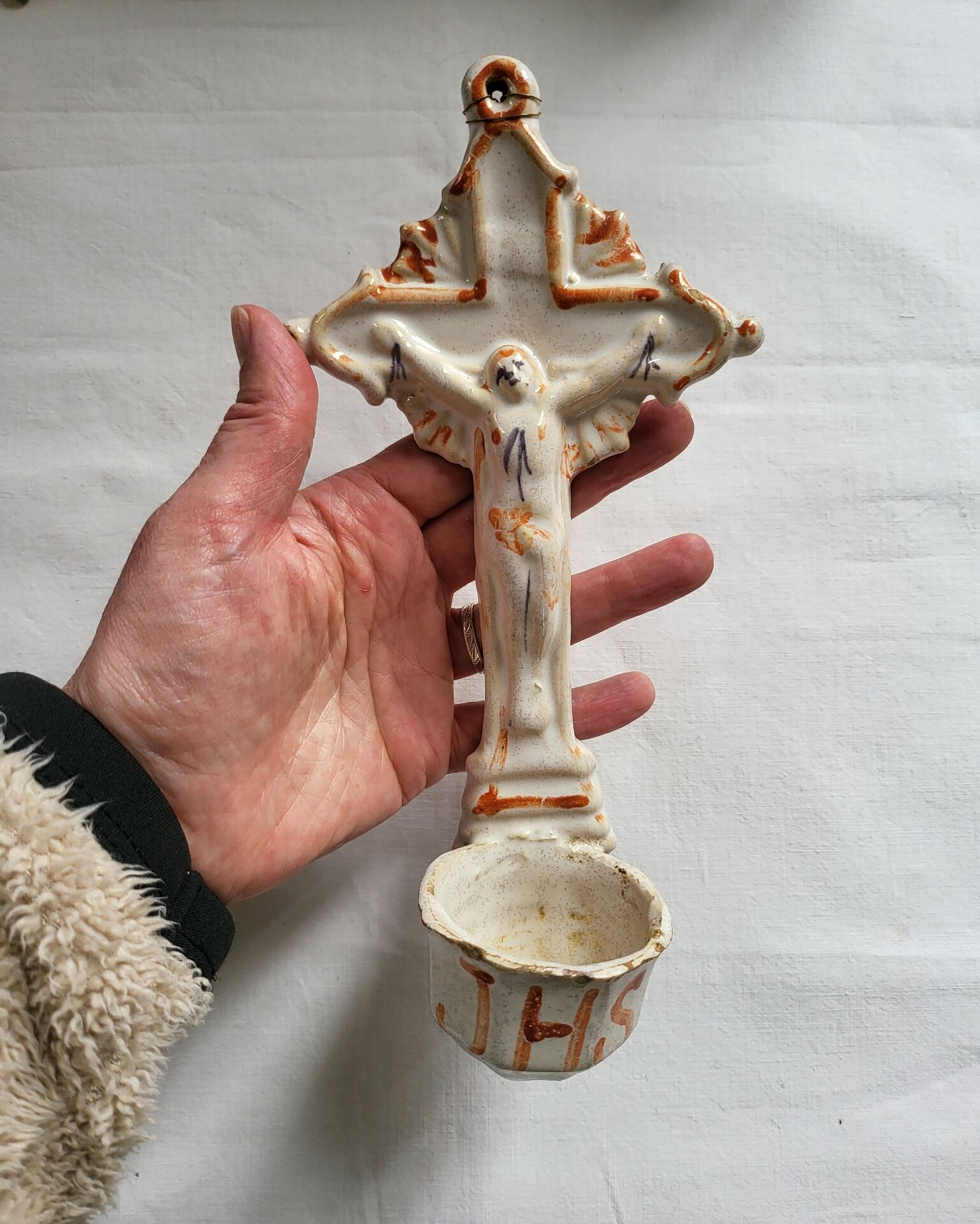Old Faience Baptismal Font Cross Jesus Christ JHS