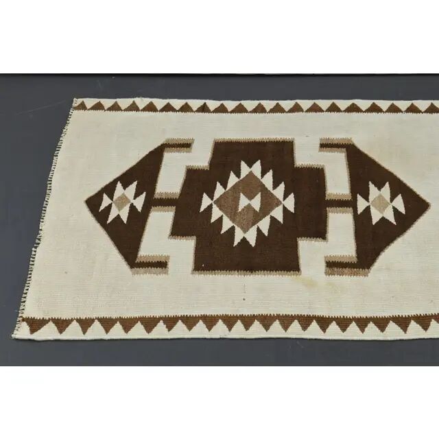 1970s Vintage Turkish Hand-Knotted Wool Cotton Beige Runner Rug 96x343