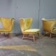Trio de chauffeuses à oreilles wing chair danoise Elias Svedberg années 50/60 jaune vert