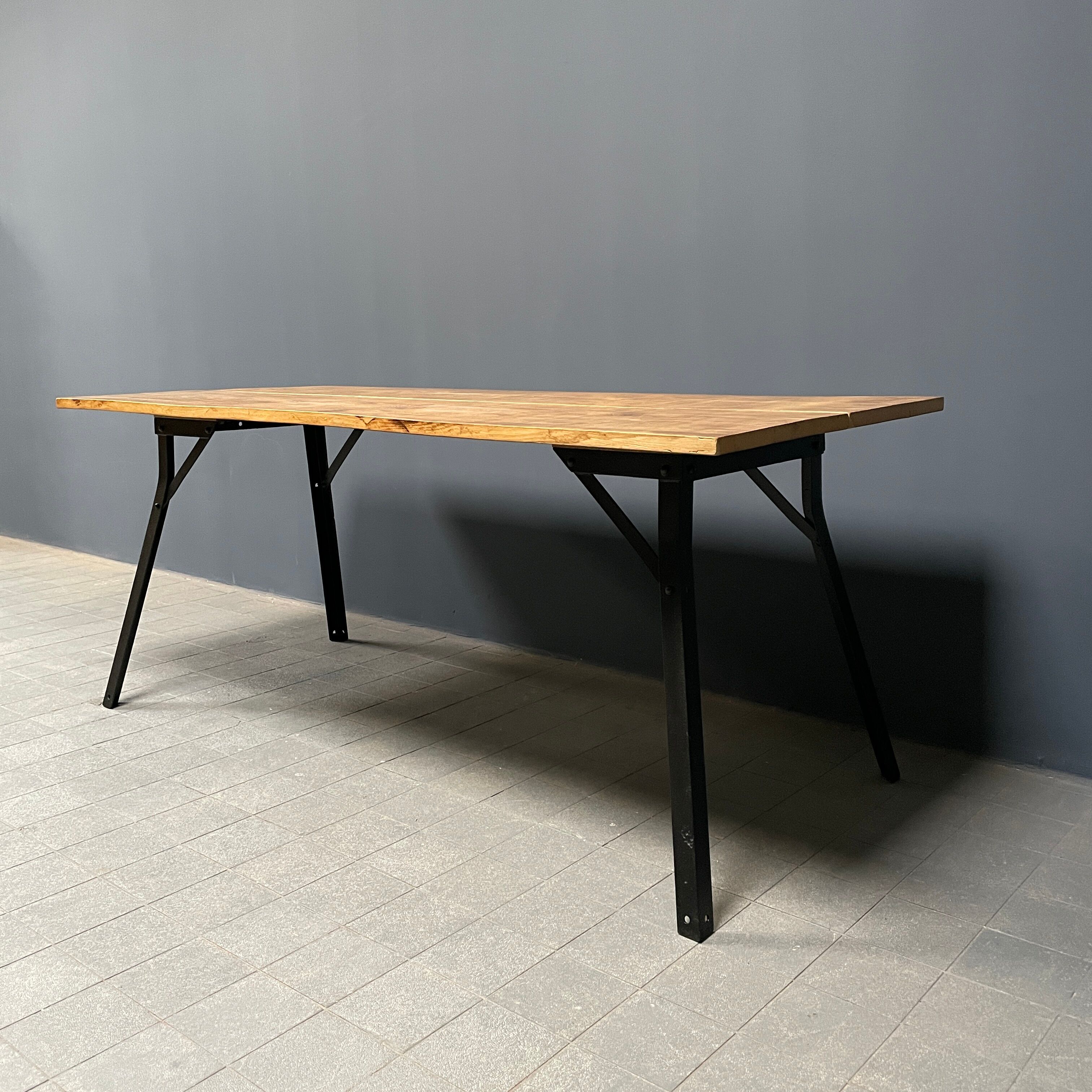 Handmade industrial oak dining table with black metal legs