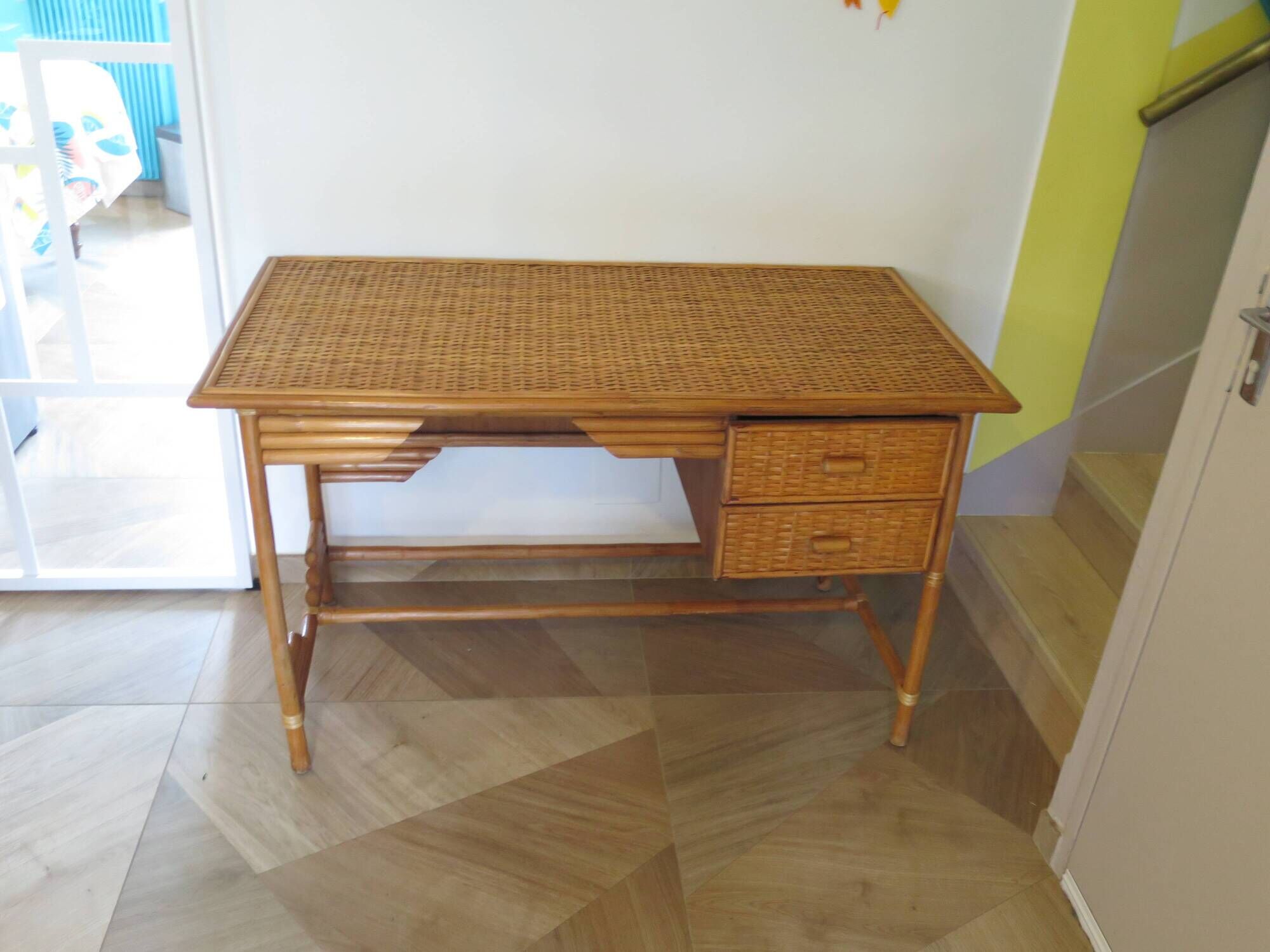 desk - wood-bamboo and woven wicker rattan - 2 drawers - large top - 80