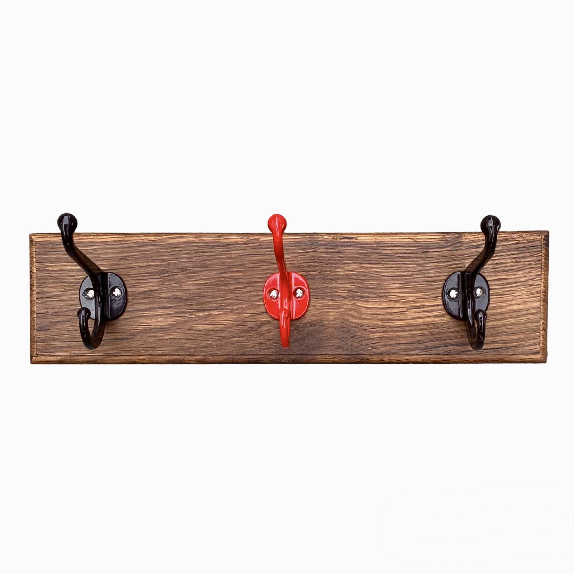 Vintage school coat rack in solid wood - 3 coat hooks in lacquered metal